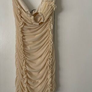 Fashion Nova Cream Asymmetrical Ruched Bodycon Mini Dress